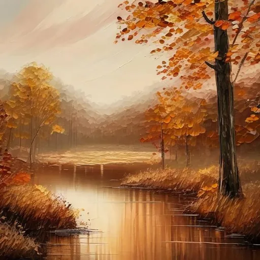 Prompt: A realistic Autumn landscape with muted ivory, brown with ivory hues, painting
