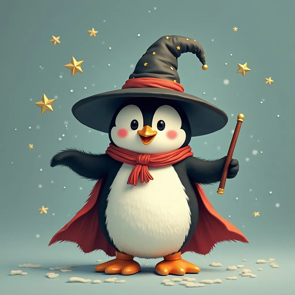 Prompt: Pop art penguin with a cape a wizard hat and a magic wand 