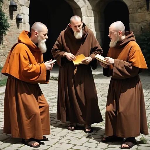 Prompt: Tres monjes medievales platicando entre 