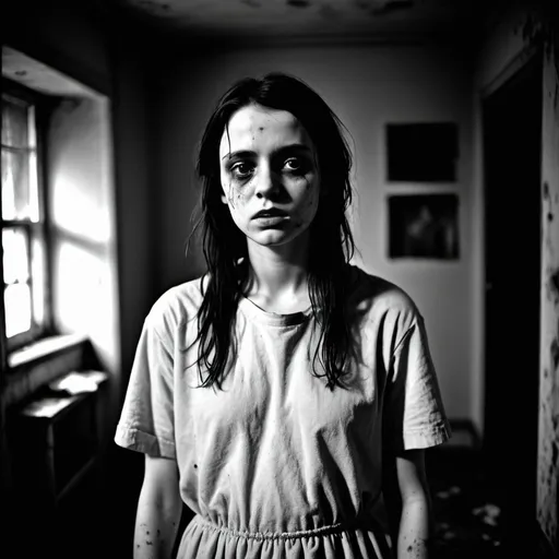 Prompt: Schizophrenic young woman in a Bedlam asylum, distorted and scary, dark indoor settings, Nikon F3, high quality, monochrome, stains and scratches, intense gaze, eerie shadows, haunting atmosphere, detailed textures, professional photography, 