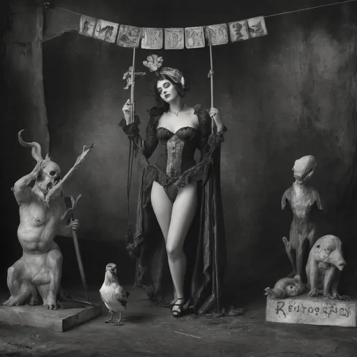 Prompt: headless woman and circus freaks, allegorical photo in Joel-Peter Witkin's style, with signs, emblems, and symbols, religion, philosophy, art, black and white