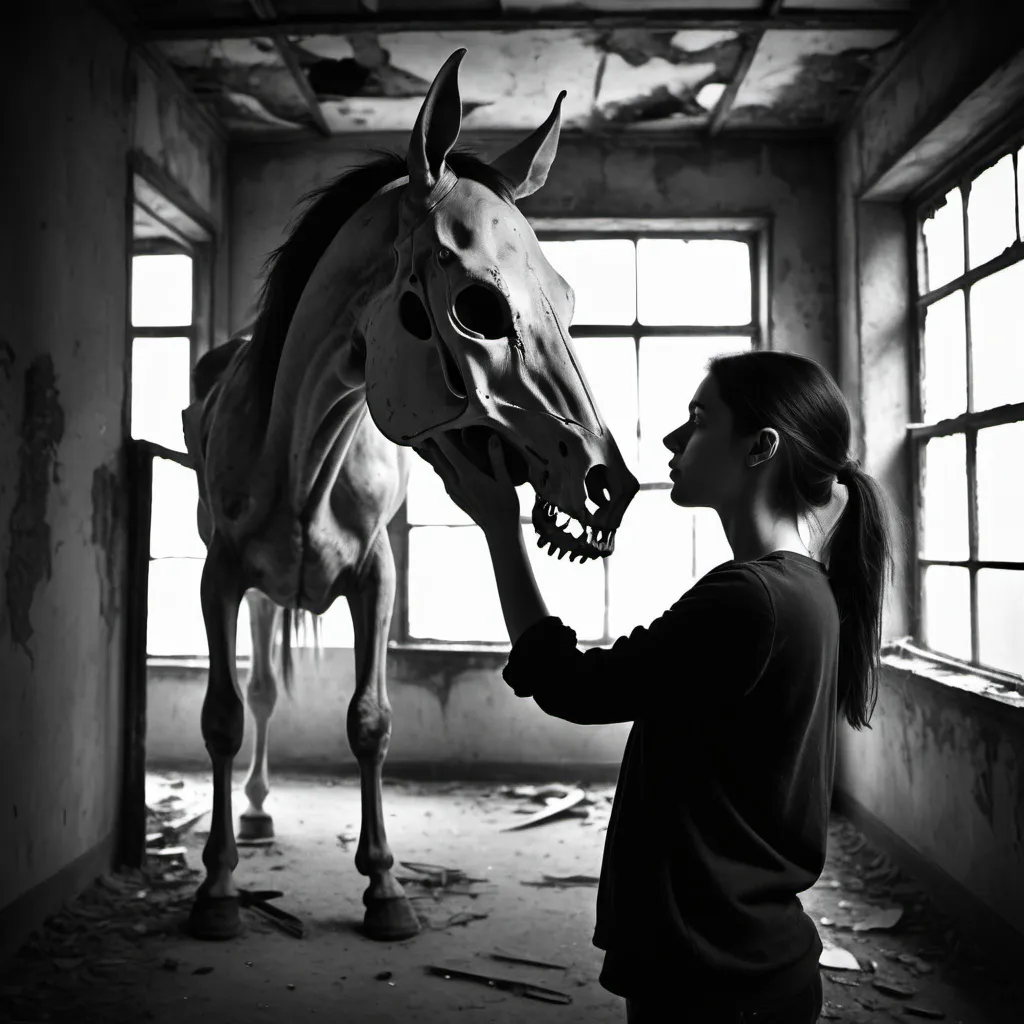 Prompt: Schizophrenic young woman in a dilapidated building holding a horse scull, side view, distorted perspective, dark indoor settings, monochrome, stains and scratches, shadows, haunting atmosphere