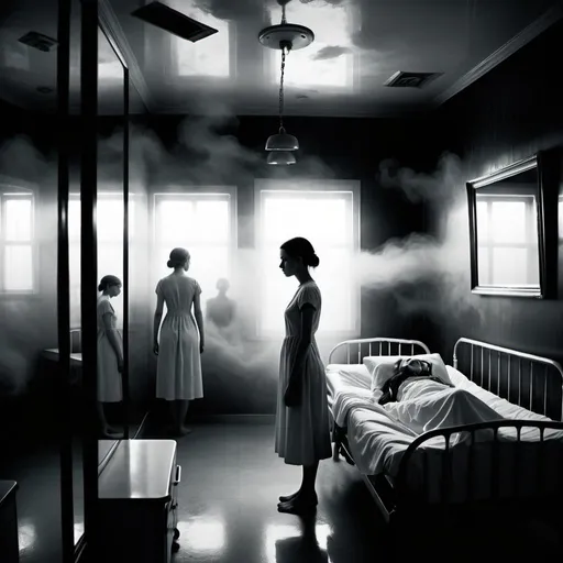 Prompt: A pale and thin sick woman in a ward, mirrors and fog, surreal, eerie, black and white, wide-screen