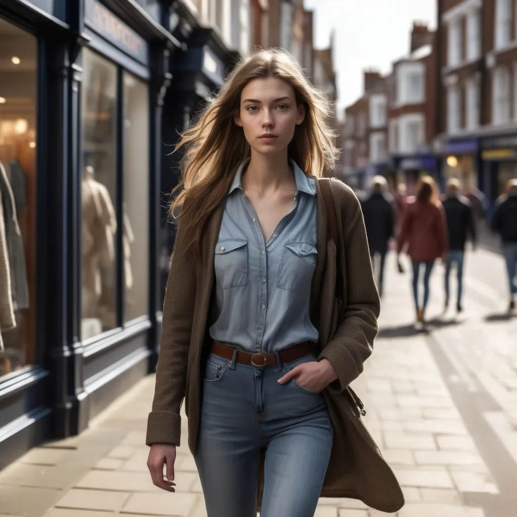 Prompt: Tall young woman walking down the high street, detailed clothing, realistic, natural lighting