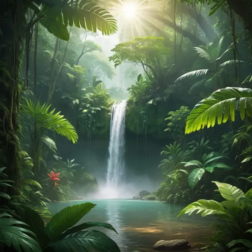 Prompt: scenic rainforest with waterfell 