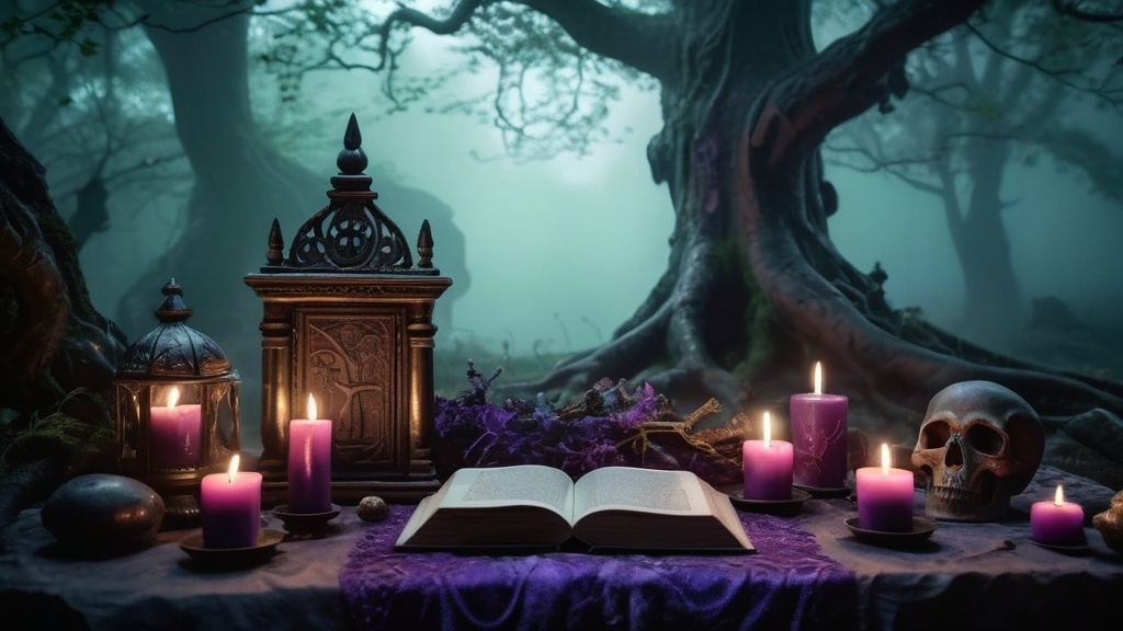 Prompt: (necromancer's altar), dark and mystical ambiance, flickering candles illuminating the scene, intricate carvings on bone and stone, swirling ethereal mist, ancient tomes and glowing orbs scattered around, a backdrop of shadowy trees and fog, eerie green and violet tones, enchanted symbols glowing faintly, ultra-detailed, high quality, 4K, atmospheric depth.