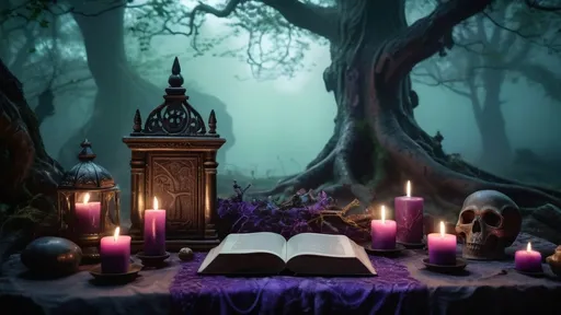 Prompt: (necromancer's altar), dark and mystical ambiance, flickering candles illuminating the scene, intricate carvings on bone and stone, swirling ethereal mist, ancient tomes and glowing orbs scattered around, a backdrop of shadowy trees and fog, eerie green and violet tones, enchanted symbols glowing faintly, ultra-detailed, high quality, 4K, atmospheric depth.