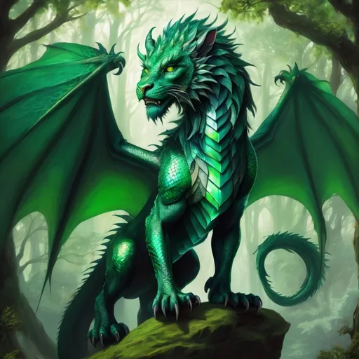 Prompt: High-res digital painting of a majestic green dragon lion vibrant shades of emerald and jade, fantasy forest setting, shimmering scales with intricate details, piercing eyes with a sense of mystery, fur blending seamlessly into dragon scales, powerful yet elegant posture, fantastical creature, magical, vibrant colors, detailed whiskers and claws, mythical, enchanting lighting