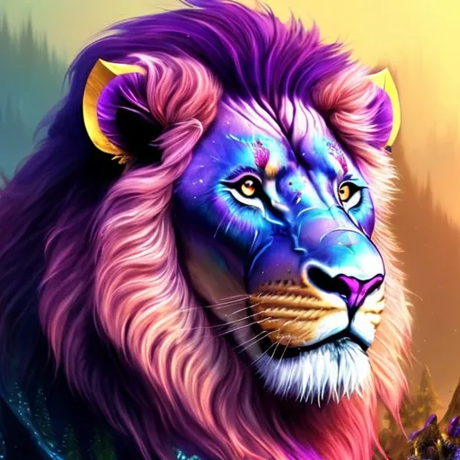 Prompt: Fantasy-style illustration of a majestic pink,purple lion, vibrant purple fur with shimmering accents, regal mane cascading in waves, piercing golden eyes with a magical glow, mystical forest setting, lush greenery and ethereal mist, high quality, detailed, fantasy, vibrant colors, regal, mystical lighting