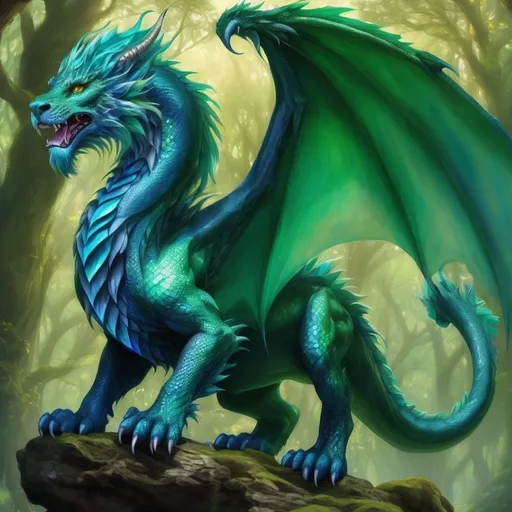 Prompt: High-res digital painting of a majestic green dragon lion vibrant shades of emerald and jade,blue fantasy forest setting, shimmering scales with intricate details, piercing eyes with a sense of mystery, fur blending seamlessly into dragon scales, powerful yet elegant posture, fantastical creature, magical, vibrant colors, detailed whiskers and claws, mythical, enchanting lighting