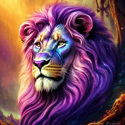 Prompt: Fantasy-style illustration of a majestic pink,purple lion, vibrant purple fur with shimmering accents, regal mane cascading in waves, piercing golden eyes with a magical glow, mystical forest setting, lush greenery and ethereal mist, high quality, detailed, fantasy, vibrant colors, regal, mystical lighting