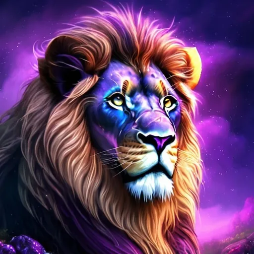 Prompt: Fantasy-style illustration of a majestic purple lion, vibrant purple fur with shimmering accents, regal mane cascading in waves, piercing golden eyes with a magical glow, mystical forest setting, lush greenery and ethereal mist, high quality, detailed, fantasy, vibrant colors, regal, mystical lighting