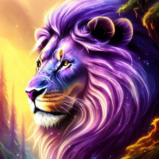 Prompt: Fantasy-style illustration of a majestic purple lion, vibrant purple fur with shimmering accents, regal mane cascading in waves, piercing golden eyes with a magical glow, mystical forest setting, lush greenery and ethereal mist, high quality, detailed, fantasy, vibrant colors, regal, mystical lighting