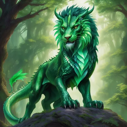 Prompt: High-res digital painting of a majestic green dragon lion vibrant shades of emerald and jade, fantasy forest setting, shimmering scales with intricate details, piercing eyes with a sense of mystery, fur blending seamlessly into dragon scales, powerful yet elegant posture, fantastical creature, magical, vibrant colors, detailed whiskers and claws, mythical, enchanting lighting