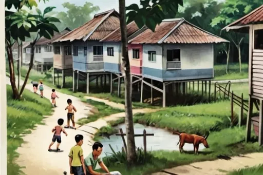 Prompt: Please generate an illustration of a village in Punggol, in 1950's that looks like a realistic photo