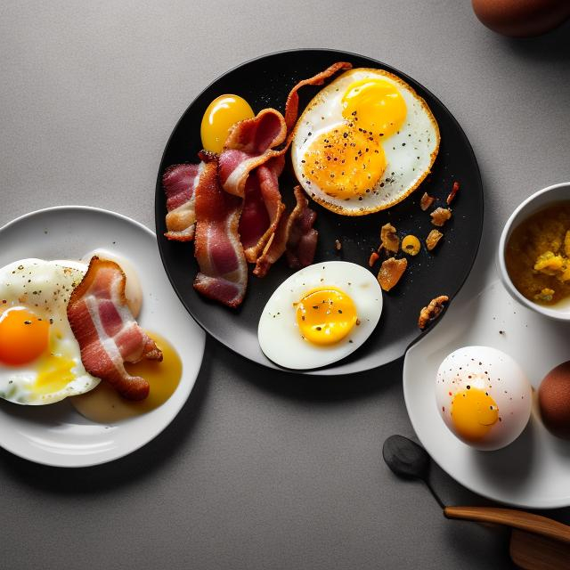 Prompt: Breakfast meal with eggs and bacon, white plate, black surface, 45% photo angle, highres, realistic, warm lighting, detailed bacon slices, sunny-side-up eggs, minimalistic, food photography, stylish presentation