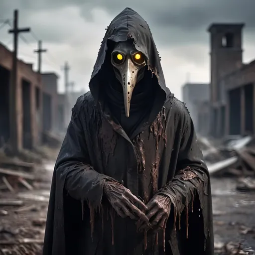Prompt: Plague doctor with a flesh-eaten face in a post-apocalyptic setting, decaying flesh, tattered hooded cloak, eerie glowing eyes, sinister beak mask, desolate wasteland, toxic atmosphere, rotting surroundings, disease-ridden, horror, decay, unsettling, highres, detailed, post-apocalyptic, plague doctor, zombie, eerie glow, toxic atmosphere, sinister, decaying flesh, flesh-eaten face, tattered cloak, desolate wasteland, unsettling lighting