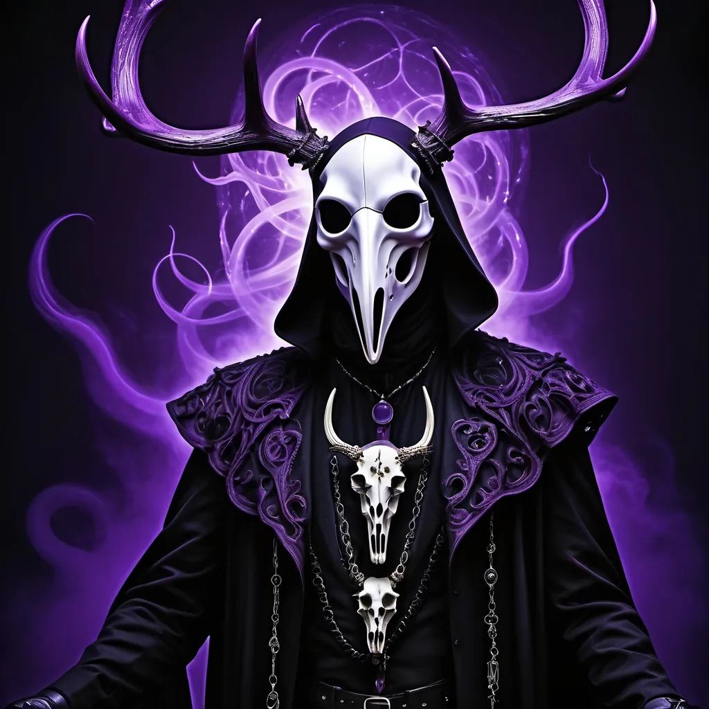 Prompt: Eldritch plague doctor floating in the air, deer skull mask, tentacles surrounding, radiant power, dark surrealism, detailed linework, haunting atmosphere, eerie purple glow, high quality, surreal, detailed linework, dark tones, radiant energy, floating figure, haunting atmosphere, ethereal, atmospheric lighting