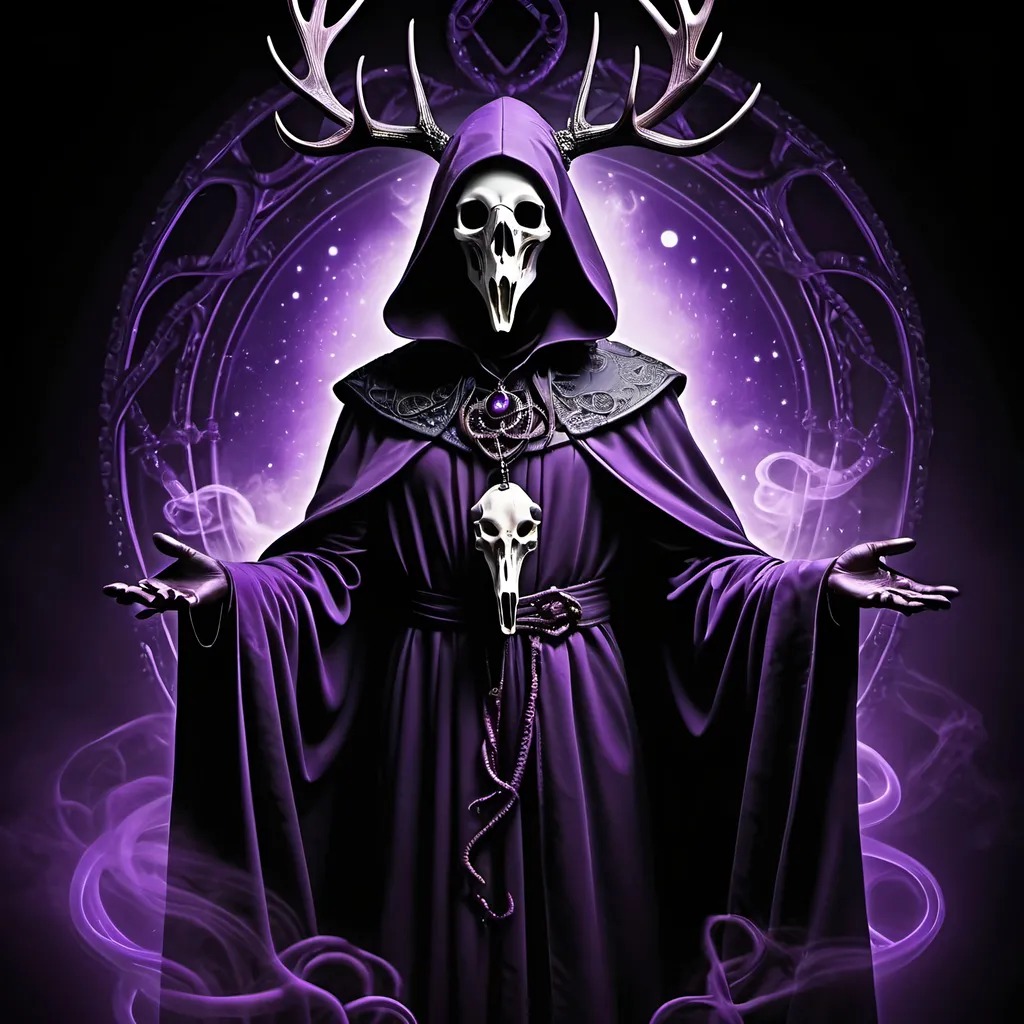 Prompt: Eldritch plague doctor floating in the air, deer skull mask, tentacles under robe, radiant power, dark surrealism, detailed linework, haunting atmosphere, eerie purple glow, high quality, surreal, detailed linework, dark tones, radiant energy, floating figure, haunting atmosphere, mystical orbs, ethereal, atmospheric lighting