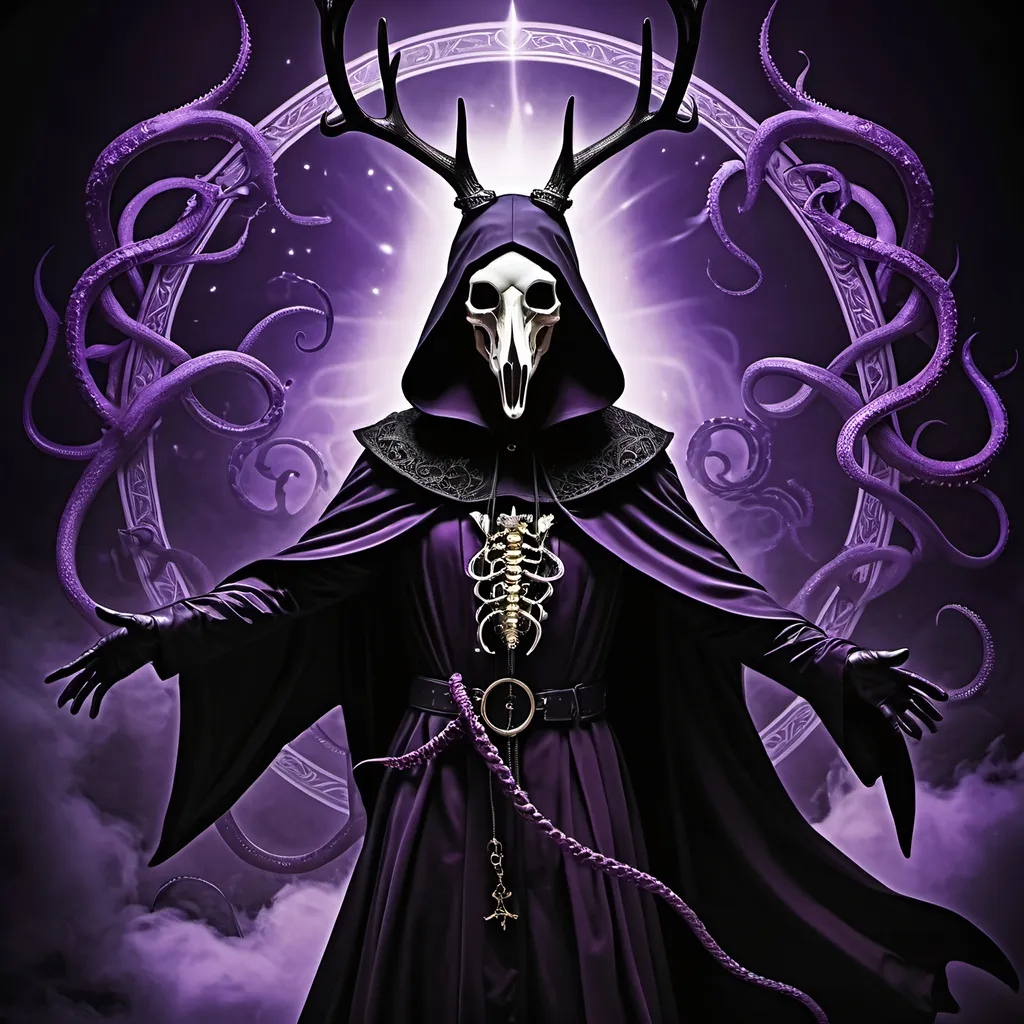 Prompt: Eldritch plague doctor floating in the air, deer skull mask, tentacles surrounding, radiant power, dark surrealism, detailed linework, haunting atmosphere, eerie purple glow, high quality, surreal, detailed linework, dark tones, radiant energy, floating figure, haunting atmosphere, ethereal, atmospheric lighting