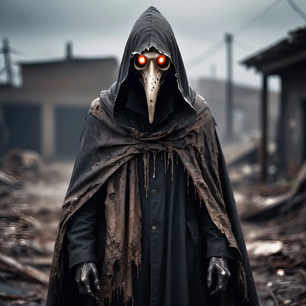 Prompt: Plague doctor with a flesh-eaten face in a post-apocalyptic setting, decaying flesh, tattered hooded cloak, eerie glowing eyes, sinister beak mask, desolate wasteland, toxic atmosphere, rotting surroundings, disease-ridden, horror, decay, unsettling, highres, detailed, post-apocalyptic, plague doctor, zombie, eerie glow, toxic atmosphere, sinister, decaying flesh, flesh-eaten face, tattered cloak, desolate wasteland, unsettling lighting