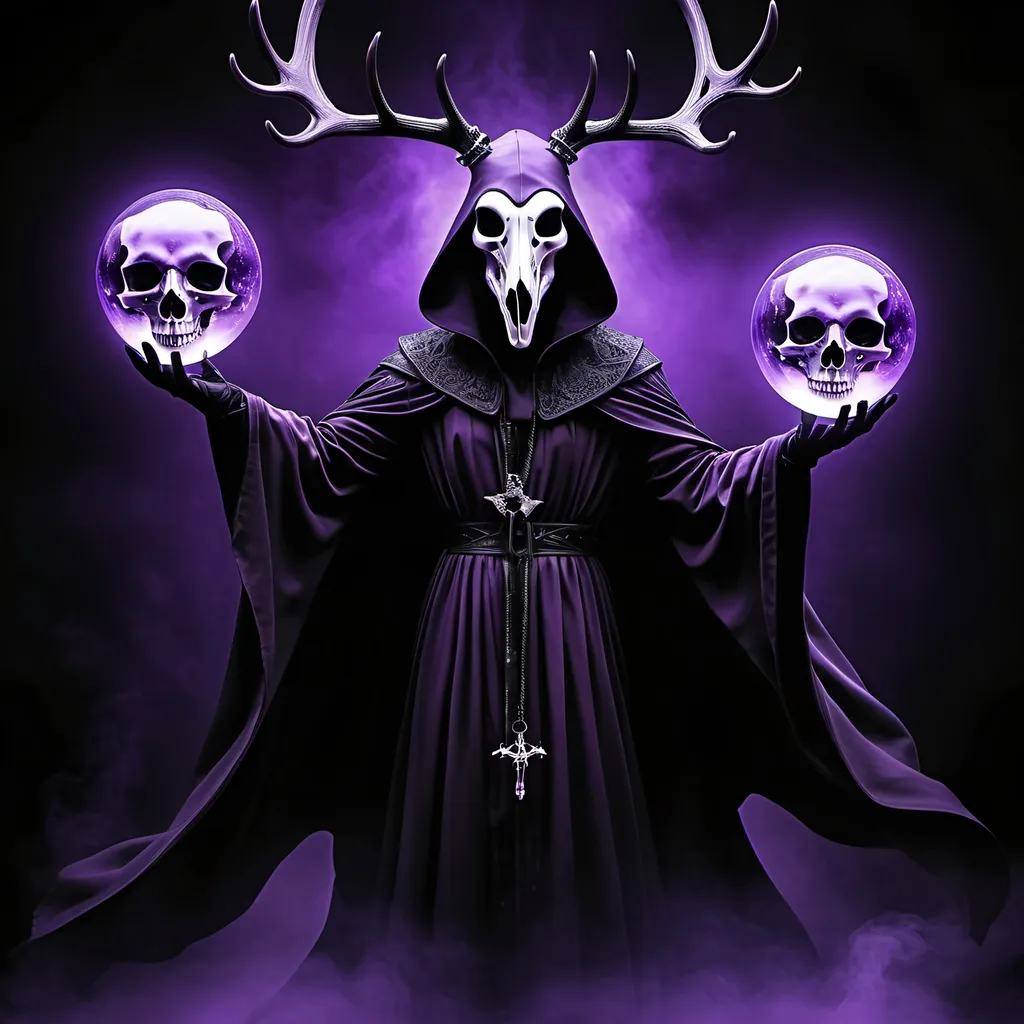 Prompt: Eldritch plague doctor floating in the air, deer skull mask, radiant power, dark surrealism, detailed linework, haunting atmosphere, eerie purple glow, high quality, surreal, detailed linework, dark tones, radiant energy, floating figure, haunting atmosphere, mystical orbs, ethereal, atmospheric lighting