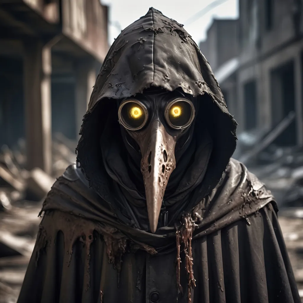 Prompt: Plague doctor with a flesh-eaten face in a post-apocalyptic setting, decaying flesh, tattered hooded cloak, eerie glowing eyes, sinister beak mask, desolate wasteland, toxic atmosphere, rotting surroundings, disease-ridden, horror, decay, unsettling, highres, detailed, post-apocalyptic, plague doctor, zombie, eerie glow, toxic atmosphere, sinister, decaying flesh, flesh-eaten face, tattered cloak, desolate wasteland, unsettling lighting