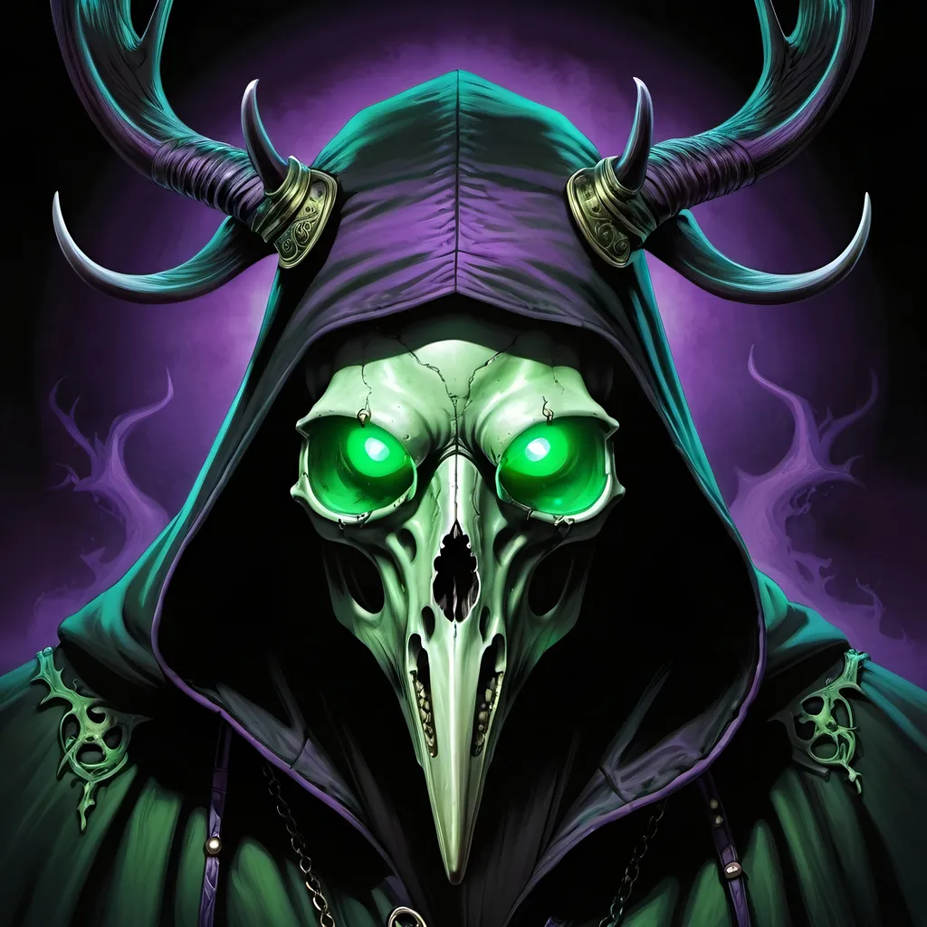 Prompt: Gothic horror illustration of a menacing plague doctor, eerie green glow, haunting deer skull with antlers, high-res, detailed, haunting, horror, glowing green eyes, gothic, plague doctor, detailed skull, purple eerie lighting