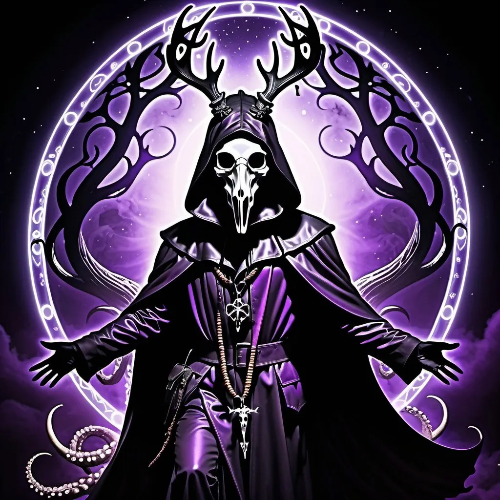 Prompt: Eldritch plague doctor floating in the air, (deer skull mask), tentacles surrounding, radiant power, dark surrealism, detailed linework, haunting atmosphere, eerie purple glow, high quality, surreal, detailed linework, dark tones, radiant energy, floating figure, haunting atmosphere, ethereal, atmospheric lighting