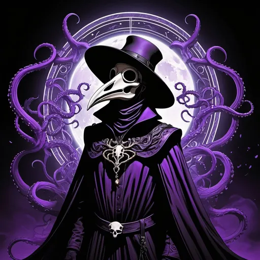 Prompt: Eldritch plague doctor floating in the air, deer skull mask, tentacles surrounding, radiant power, dark surrealism, detailed linework, haunting atmosphere, eerie purple glow, high quality, surreal, detailed linework, dark tones, radiant energy, floating figure, haunting atmosphere, ethereal, atmospheric lighting