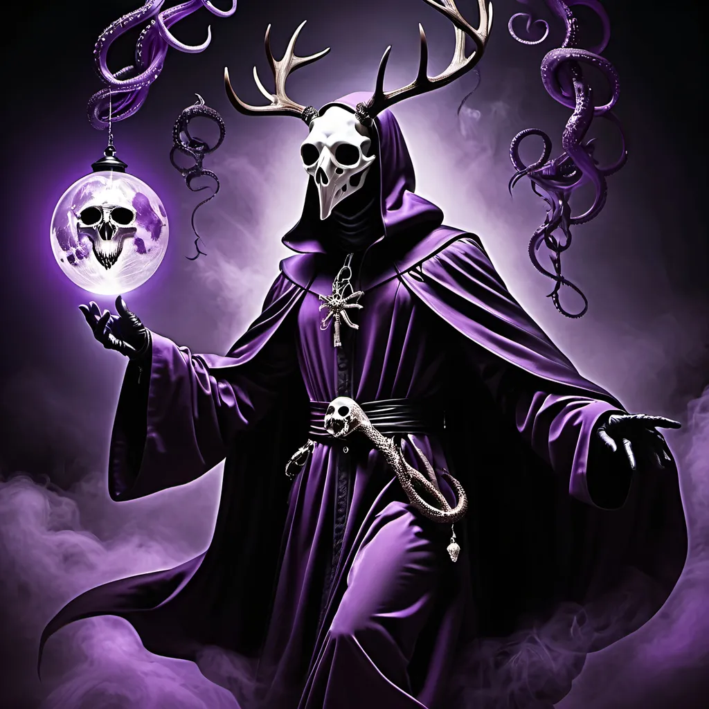 Prompt: Eldritch plague doctor floating in the air, deer skull mask, tentacles under robe, radiant power, dark surrealism, detailed linework, haunting atmosphere, eerie purple glow, high quality, surreal, detailed linework, dark tones, radiant energy, floating figure, haunting atmosphere, mystical orbs, ethereal, atmospheric lighting