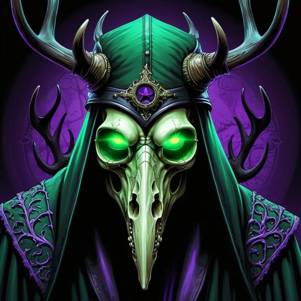 Prompt: Gothic horror illustration of a menacing plague doctor, eerie green glow, haunting deer skull with antlers, high-res, detailed, haunting, horror, glowing green eyes, gothic, plague doctor, detailed skull, purple eerie lighting