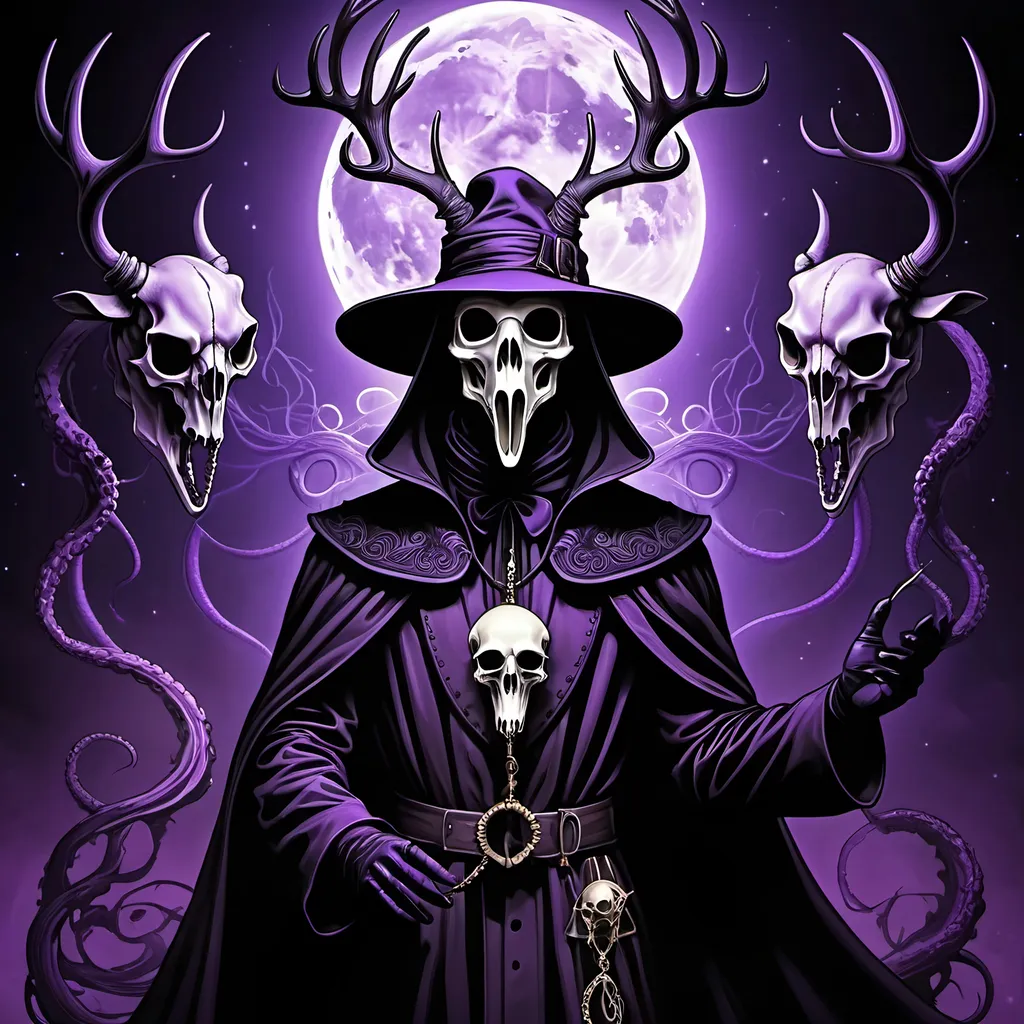 Prompt: Eldritch, plague doctor floating in the air, deer skull mask, tentacles surrounding, radiant power, dark surrealism, detailed linework, haunting atmosphere, eerie purple glow, high quality, surreal, detailed linework, dark tones, radiant energy, floating figure, haunting atmosphere, ethereal, atmospheric lighting