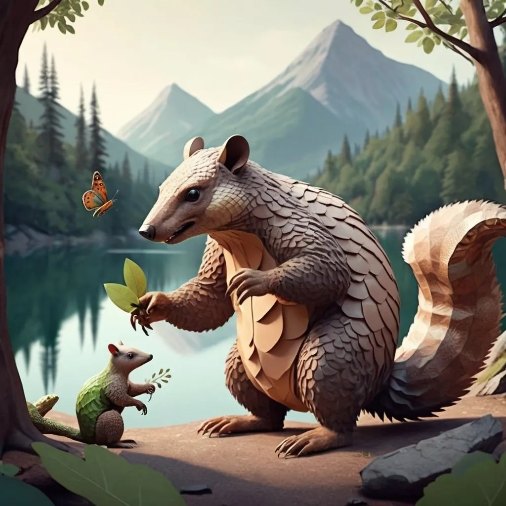 Prompt: An imaginary animal with a pangolin's head, a bear's body, a large squirrel's tail and mantis paws. He's living in the mountain with a lake