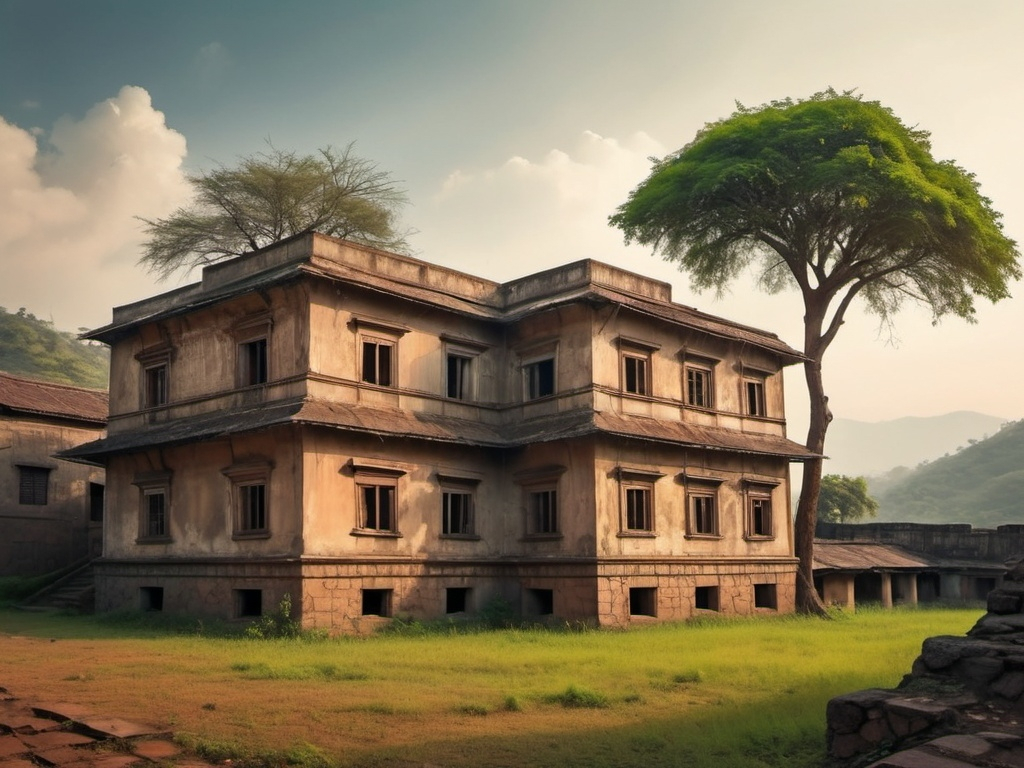 Prompt: (old building), (tree growing from roof), (windows on the side), panoramic view, (Bholekar Srihari, samikshavad), serene atmosphere, weathered stone, hints of nature reclaiming space, soft lighting, dynamic shadows, rich muted colors, (matte painting), ultra-detailed, high quality, enchanting landscape, enchanting balance of architecture and nature.