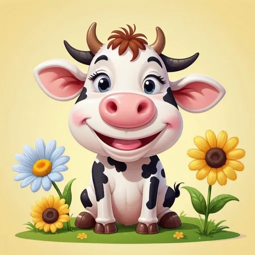 Prompt: An adorable smiling cartoon cow is pooping on a cute smiling flower.