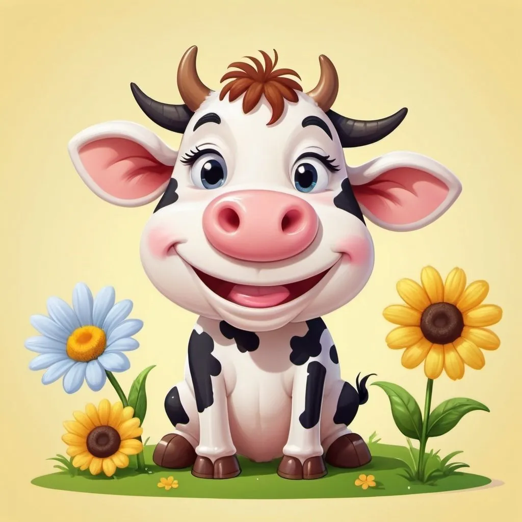 Prompt: An adorable smiling cartoon cow is pooping on a cute smiling flower.