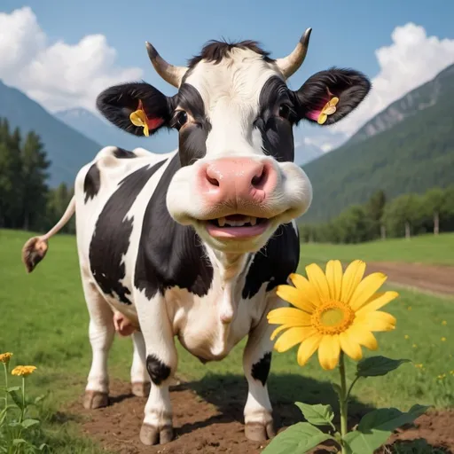 Prompt: An adorable smiling cow is standing sideways, but looking at camera and pooping over a cute smiling flower