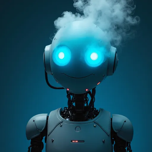Prompt: A robot with smoke coming out of its head, blue-screening like a computer