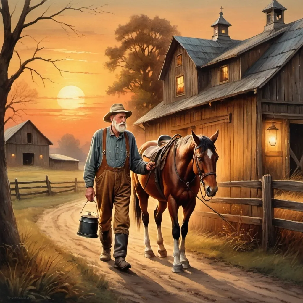 Prompt: Vintage old world style painting of an old farmer walking at sunset with his lantern and his beautiful horse back to the big old barn  illustrations - - nostalgic vintage theme, exquisite attention to detail, high quality, vintage style, detailed old-fashioned charm, 