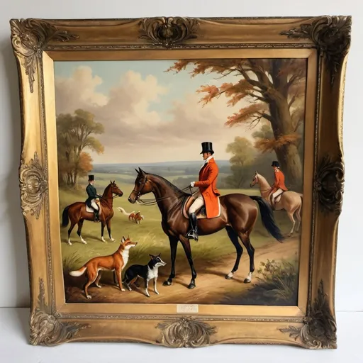 Prompt: vintage scenic vista painting - lovely historical type painting of a fox hunt - Regency style - equestrian vibe; lovely - handsome - gentlemen - hounds - nostalgic and elegant stunning imagery