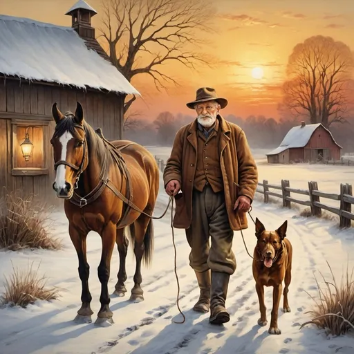 Prompt: Vintage old world style painting of an old farmer, with his lantern, walking alongside his dog at  winter  sunset - accompanying his beautiful horse back to the big old barn; nostalgic vintage theme, exquisite attention to detail, high quality, vintage style, detailed old-fashioned charm, cold winter buy poignant old world style painting