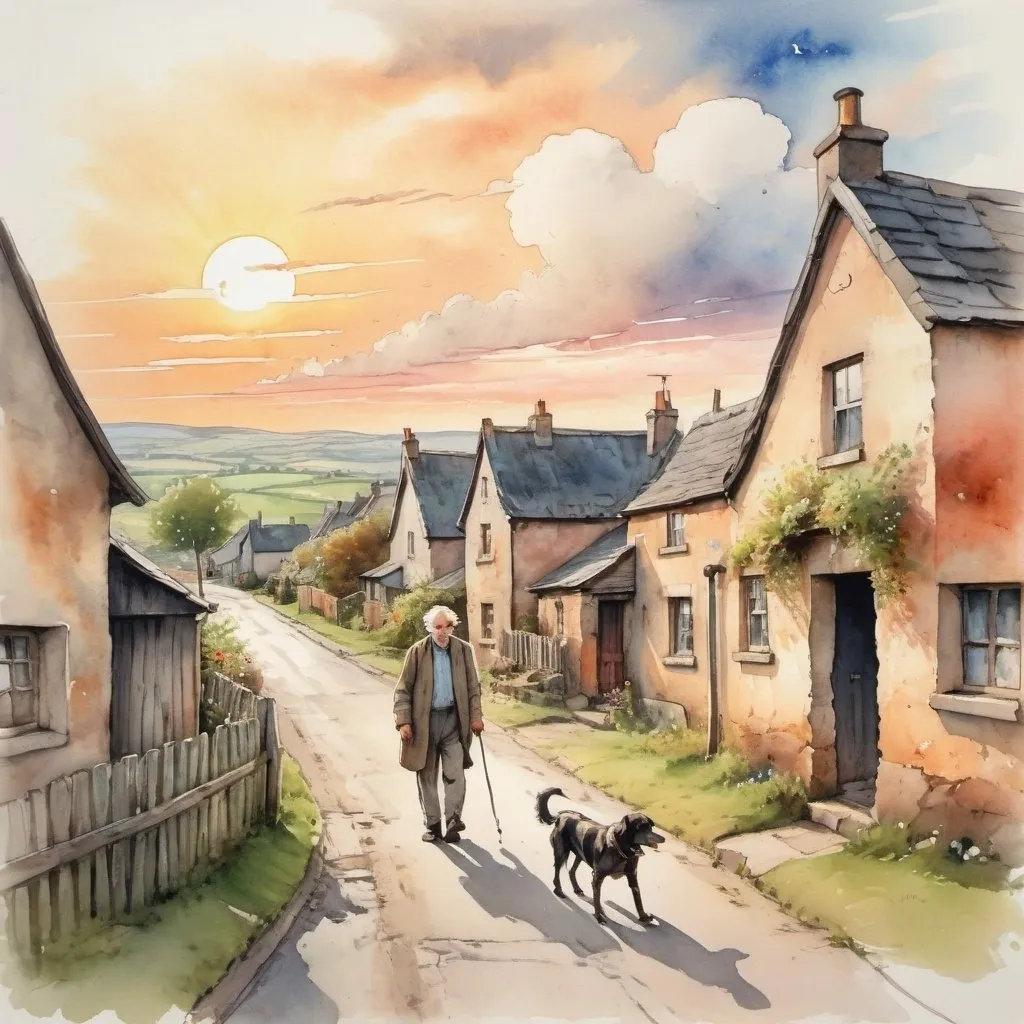 Prompt: a lovely vintage impressionism style line drawing and watercolor of a little old world Irish village with an old man walking on a street with his wonderful dog; soft palette; summer scenery billowy clouds and the sun is setting - pretty sunset sky; lovely emotional painting; realism; impressionism; high quality art piece
