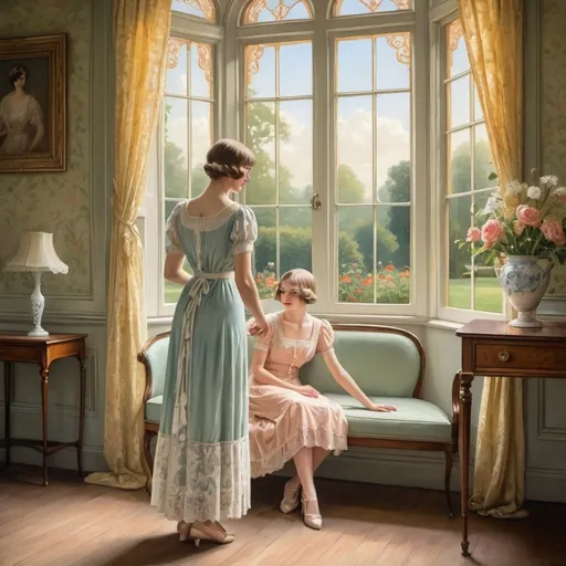 Prompt: vintage  painting - lovely 1920s historical type painting regency style - morning room in a grand home - nostalgic summer painting - gardens outside large regency windows in the background; a very lovely 1920s young woman in embroidered lace summer frock with her lady's maid, nostalgic and elegant =stunning imagery