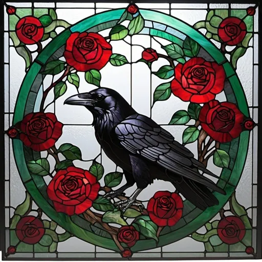 Prompt: Stunning stained-glass panel depicting a raven and roses;  detailed, beautiful, high quality, intricate design, black, reds, deep greens; professional artist quality