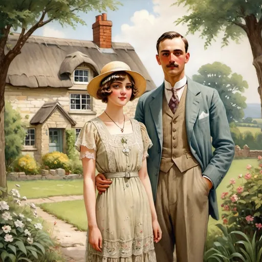 Prompt: vintage  painting - lovely 1920s historical type painting of a darling stone country cottage - in the summer - Regency style - warm and nostalgic summer painting - gardens in the background; a very lovely 1920s girl in embroidered lace summer frock with a   handsome gentleman in 1920s attire - nostalgic and elegant =stunning imagery - a 1920s car parked under a weeping tree