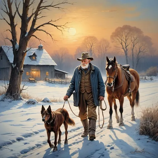 Prompt: Vintage old world style painting of an old farmer, walking his horse, holding his lantern, alongside his dog at winter sunset - blue shadows and cool tones but warm light glowing from lantern 
 - blustering snowy winds -  they are walking his beautiful horse back to the big old barn; nostalgic vintage theme, exquisite attention to detail, high quality, vintage style, detailed old-fashioned charm, cold winter buy poignant old world style painting