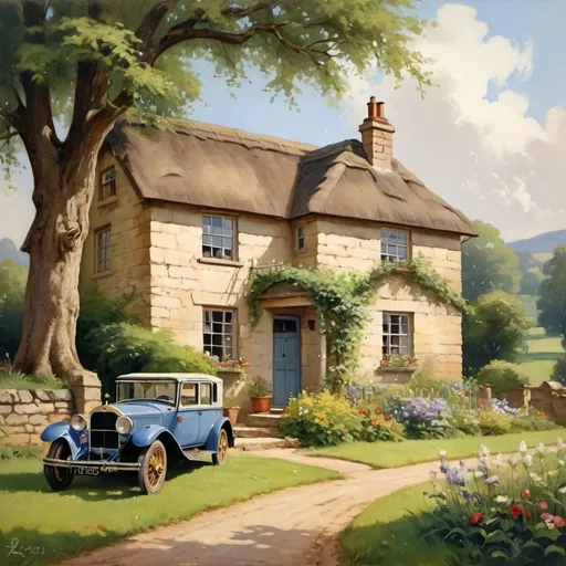 Prompt: vintage  painting - lovely 1920s historical type painting of a darling stone country cottage - in the summer - Regency style - warm and nostalgic summer painting - gardens in the background; a very lovely 1920s girl in embroidered lace summer frock with a   handsome gentleman in 1920s attire - nostalgic and elegant =stunning imagery - a 1920s car parked under a weeping tree