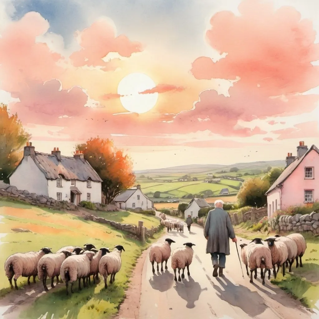 Prompt: a lovely vintage impressionism style line drawing and watercolor of a little old world Irish village with an old man and a young boy walking on a street with their flock of sheep; soft palette; summer scenery billowy clouds and the sun is setting - pretty sunset sky with peach and pink; lovely emotional painting; realism; impressionism; high quality art piece
