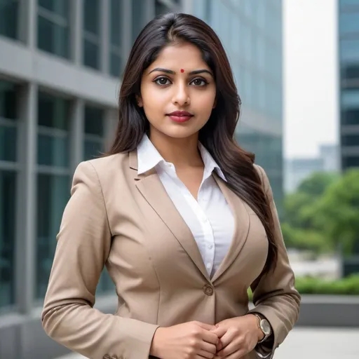 Prompt: Create an Indian white lady with 28 years of age dark brown hair light brown eyes thick lips 5ft 5inch height a slight curvy body standing at the corporate building wearing corporate clothes make full image